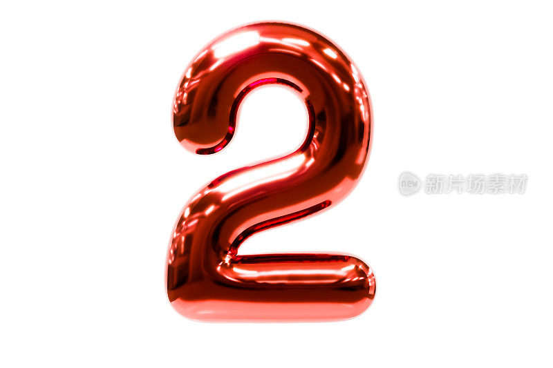 气球字体金属红色数字2由现实的氦气球，Premium 3d插图。